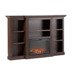 an entertainment center with a fire place and bookcases on the sides, in dark wood