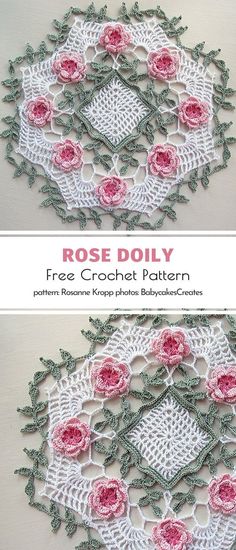 crochet doily with pink roses on it