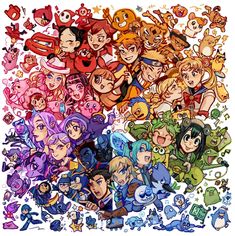 an image of many cartoon characters in different colors and sizes, all with their faces drawn on