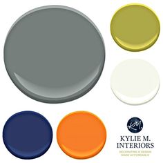 three different colors of paint with the name kylie m interiors on it and an image of