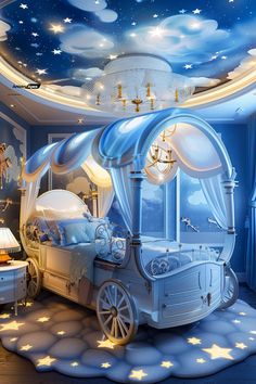 a child's bedroom decorated in blue and white with stars painted on the ceiling