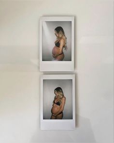 two photos of a pregnant woman in black bras are hanging up on the wall