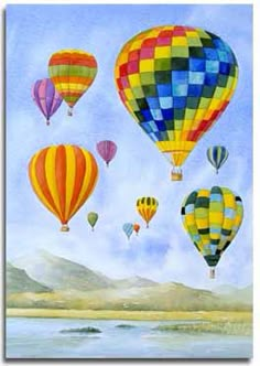 colorful hot air balloons flying in the sky over a body of water with mountains in the background