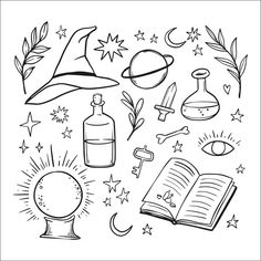 the wizard's hat and other items are shown in this coloring page