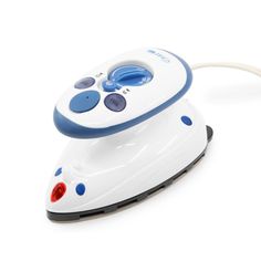 a white and blue steam iron sitting on top of a white table next to a cord