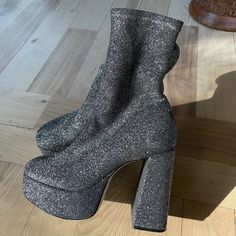 Glitter Boots. Worn Once For A Disco Party! Glitter Boots, How To Stretch Boots, Disco Party, Size 7, Glitter, Women Shoes, Boots, Silver, Women Shopping