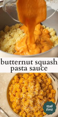 butternut squash pasta sauce is being poured into a bowl and then topped with macaroni and cheese