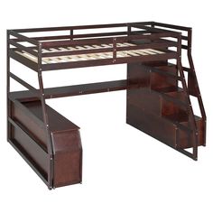 a wooden bunk bed with stairs and drawers on it's bottom shelf, against a white background