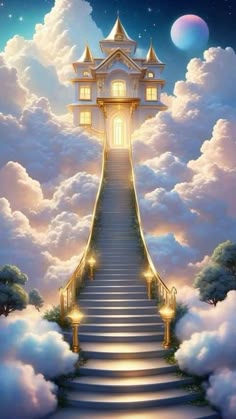 a stairway leading up to a castle in the sky with clouds and stars above it