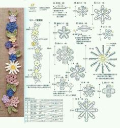 crocheted flowers are shown in different colors and sizes, along with instructions to make them