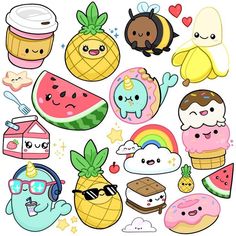 an assortment of stickers that include donuts, watermelon and other items