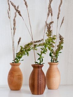 three wooden vases with plants in them