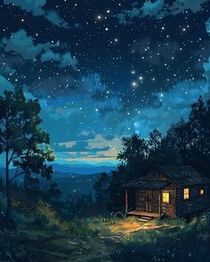 a cabin in the woods at night with stars and clouds above it, as if they were falling from the sky