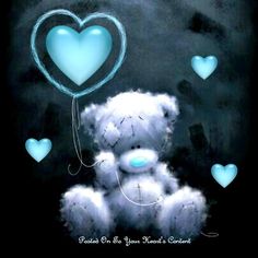 a blue teddy bear holding a heart shaped balloon in the air with hearts floating around it