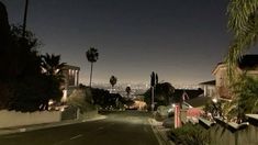 an empty street at night with palm trees and houses in the background on a clear day