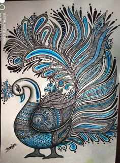 a drawing of a peacock with blue feathers on it's tail and black outline