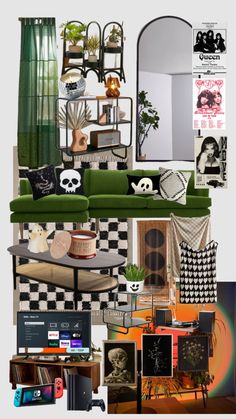 a collage of photos with various furniture and decor items, including bookshelves