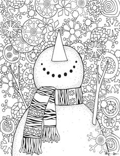 a snowman with a party hat and scarf on his head is surrounded by doodles