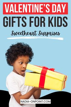 a young boy holding a yellow gift box with the words valentine's day gifts for kids