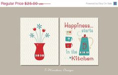 two cards with flowers and teapots on them, one says happiness starts in the kitchen