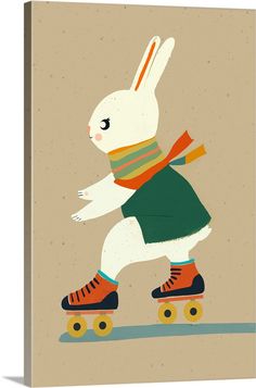 a white rabbit riding on top of a skateboard in front of a brown background