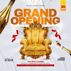 the grand opening party is going on with gold chairs and champagne bottles in front of it