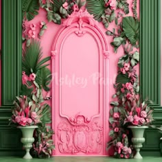 pink and green wallpaper with an ornate arch