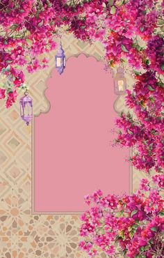 a pink background with flowers and lanterns