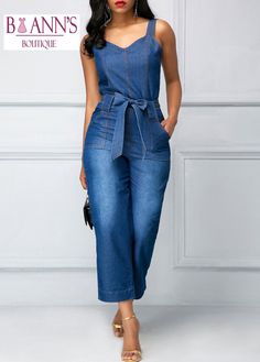 This chic denim jumpsuit is perfection. Featuring wide shoulder straps, a wide belt at a gathered waist, flare legs that end just above the ankle, back pockets and front pockets .... yes, FRONT POCKETS! This jumpsuit pairs perfectly with wedges, heels or sandals. Made with a polyester, spandex and denim blend for comfort and style, while hugging your every curve. Jeans And Bodysuit, Denim Jumpsuits, Jeans Overall, Blue Jumpsuits, Jumpsuit Fashion, Denim Jumpsuit, Jeans Denim, Denim Fashion, African Fashion