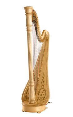 a large golden harp sitting on top of a wooden stand