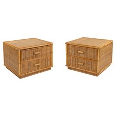 two wicker drawers with handles on each side and one drawer closed to the other