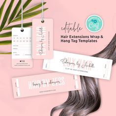 hair extensions wrap and hang tags on pink background with palm leaves in the back ground