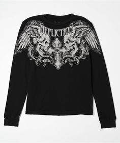 Made with a cozy thermal fabric, the kids Winged Up long-sleeve t-shirt from Affliction arrives in a black "Lava" colorway. Decorated with edgy screen-printed graphics, this shirt has branding across the chest adorned with a cross, wings, and two mirrored angry skulls. This long sleeve comes finished with a printed neck label and a ribbed neck collar and sleeve cuffs. Neck Collar, Clothing And Shoes, Kids Outfits, Long Sleeve, T Shirt, Clothes, Black