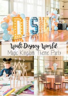 the disney world theme party with balloons, decorations and table settings for kids's birthdays