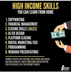 a hand holding money over a black background with the words, high income skills you can learn from home