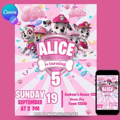 a pink poster with three puppies on it and the text alice is turning 5