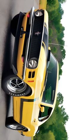 the front end of a yellow sports car is shown from above, with trees in the background