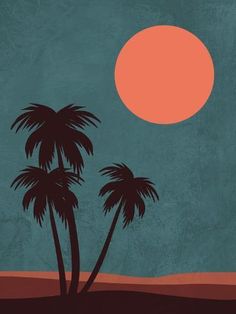 two palm trees are silhouetted against an orange and blue sky