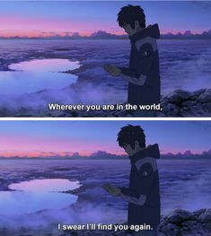 two anime characters standing in front of the ocean with text that reads, whenever you are in