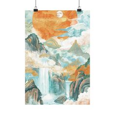 a poster hanging on the wall above a waterfall