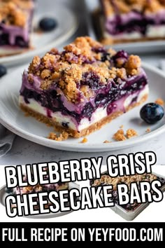 blueberry crisp cheesecake bars on a white plate