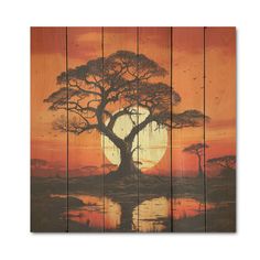 a painting on wooden planks with a tree in the middle and sunset behind it