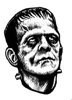 a black and white drawing of a man's head with an evil look on his face