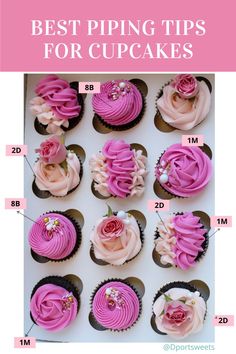 cupcakes with pink frosting and flowers on them are labeled in the box