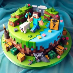 a cake that is made to look like a minecraft village