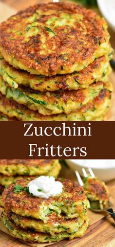 zucchini fritters are stacked on top of each other with sour cream