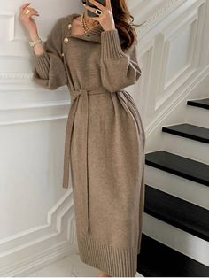 Women's Sweater Dress Winter Dress Sheath Dress Black Khaki Beige Long Sleeve Pure Color Button Knit Winter Fall Turtleneck Stylish Mature Fit 2022 One-Size 9234098 2022 – $37.99 Belted Long Dress, Wardrobe Change, Warm Dresses, Turtleneck Sweater Dress, Womens Knit Dresses, Tops Fashion, Ladies Tops, Sweater Dress Women