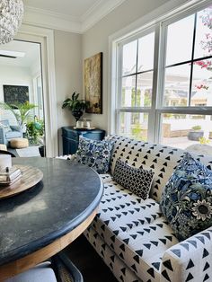 a living room filled with furniture and a large window