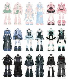 many different types of clothes and outfits for anime characters, all in black and white