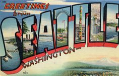 an old postcard with the word seattle written in large capital letters and buildings on it